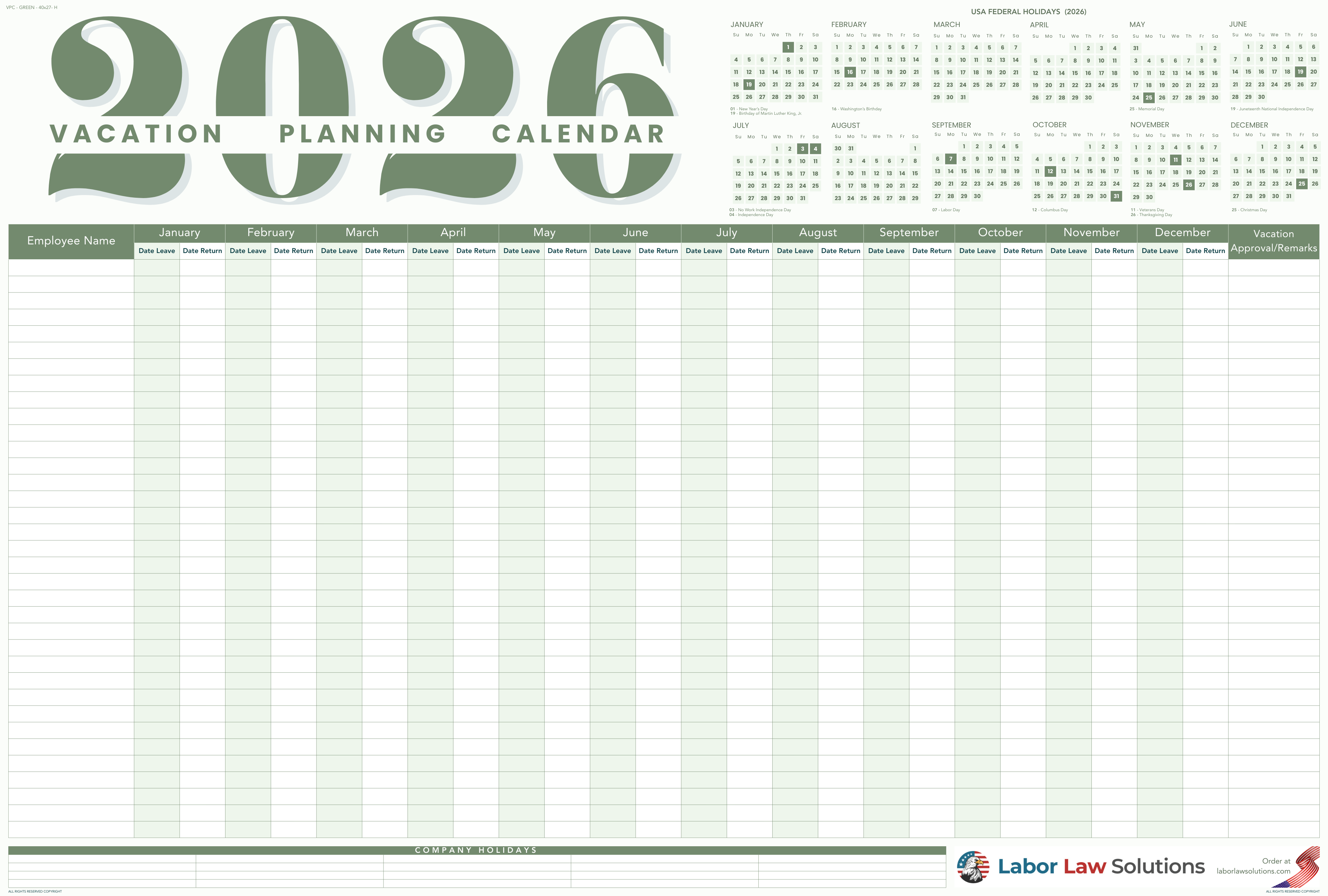 2026 Vacation Planning Calendar Horizontal Green VPC GREEN 40x27 2026 3 