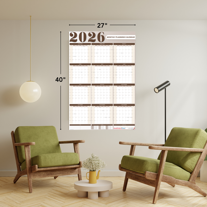 2026 Monthly Planning Calendar - Vertical (Brown)