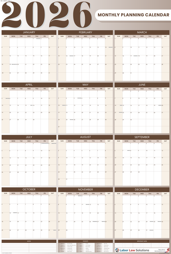 2026 Monthly Planning Calendar - Vertical (Brwon)