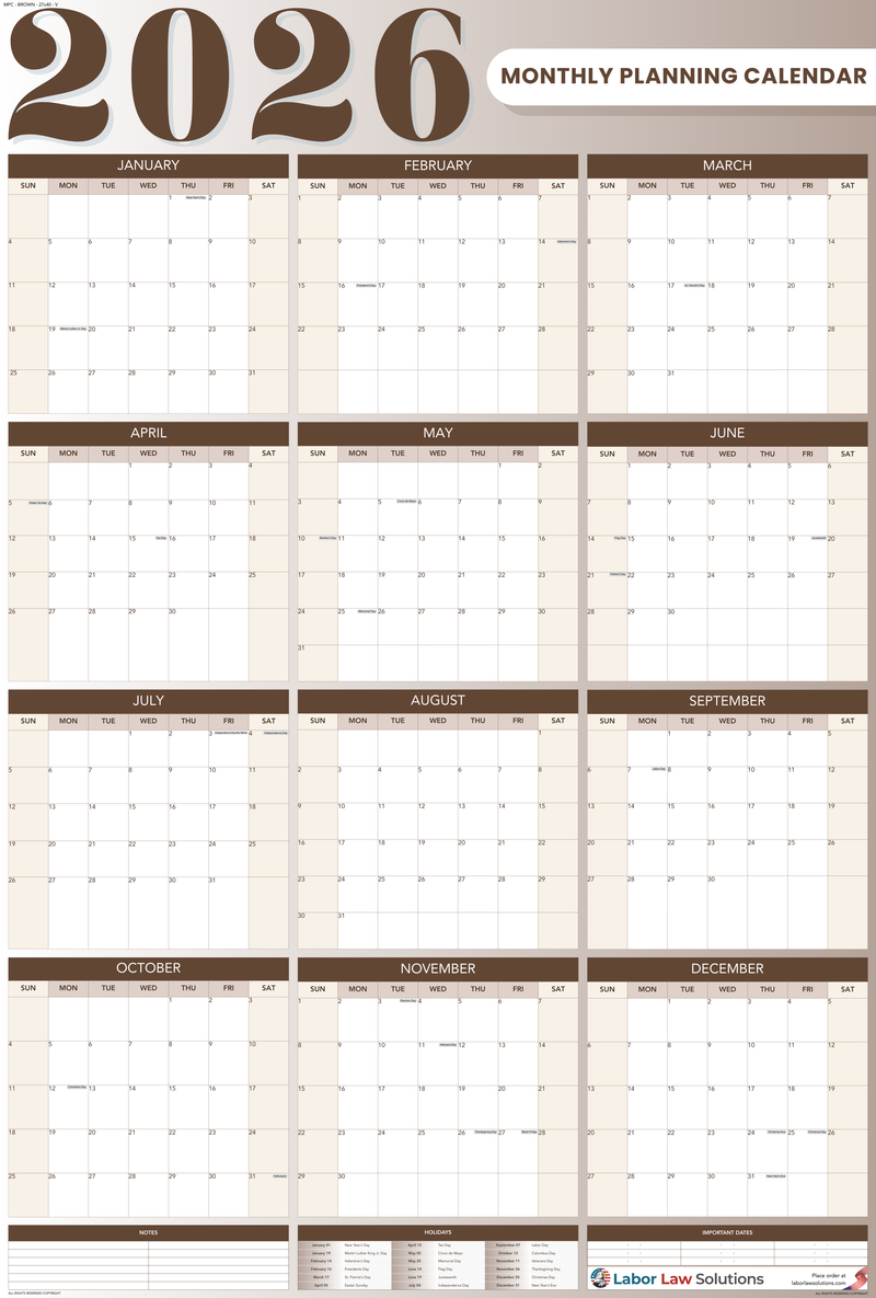 2026 Monthly Planning Calendar - Vertical (Brwon)