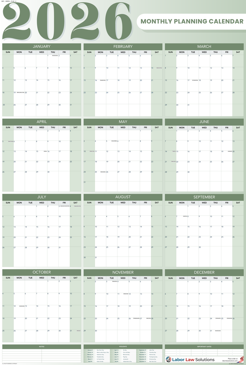 2026 Monthly Planning Calendar - Vertical (Green)