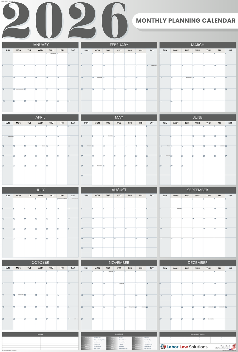 2026 Monthly Planning Calendar - Vertical (Grey)