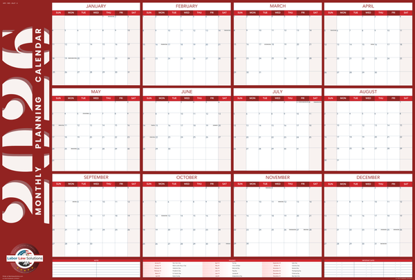 2026 Monthly Planning Calendar - Horizontal (Red)