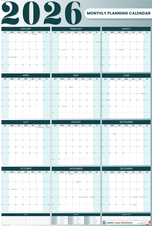2026 Monthly Planning Calendar - Vertical (Teal)