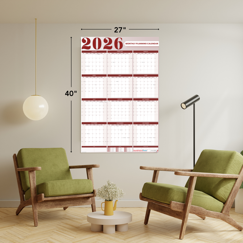 2026 Monthly Planning Calendar - Vertical (Red)