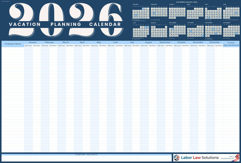 2026 Vacation Planning Calendar - Horizontal (Blue)