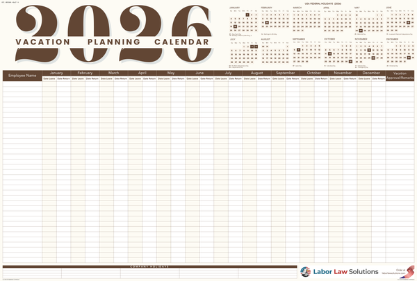 2026 Vacation Planning Calendar - Horizontal (Brown)