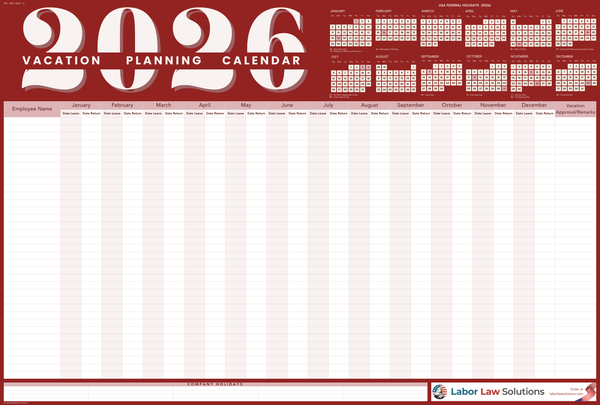 2026 Vacation Planning Calendar - Horizontal (Red)