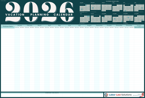 2026 Vacation Planning Calendar - Horizontal (Teal)